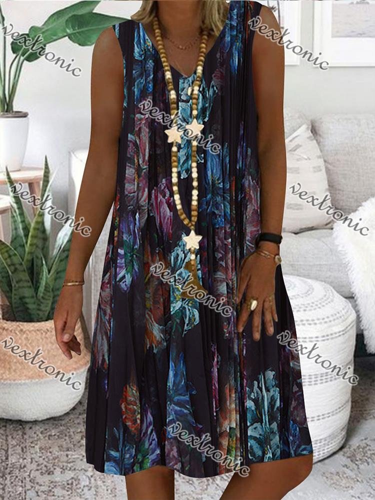 Women Casual Sleeveless V-neck Floral Printed Midi Dress