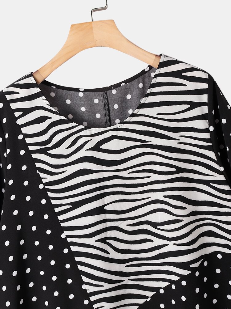 Leopard Dot Print O neck Short Sleeve Asymmetrical Blouse for Women P1850830