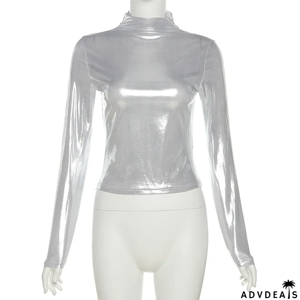 Spring Women's Tops Fashion Bright Shiny Long Sleeve Pullover Slim Fit T-Shirt