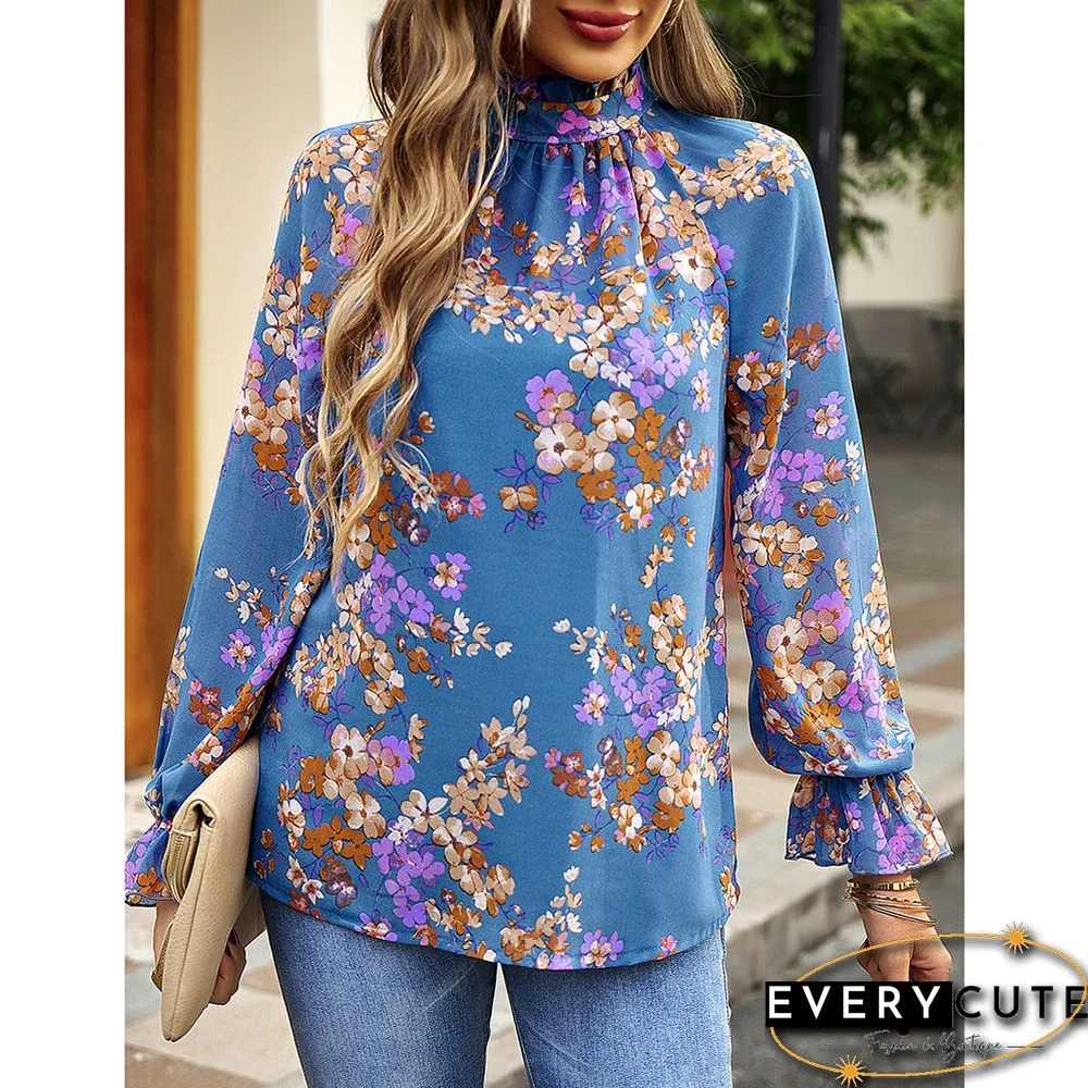 Blue Floral Print Chiffon Long Sleeve Blouse