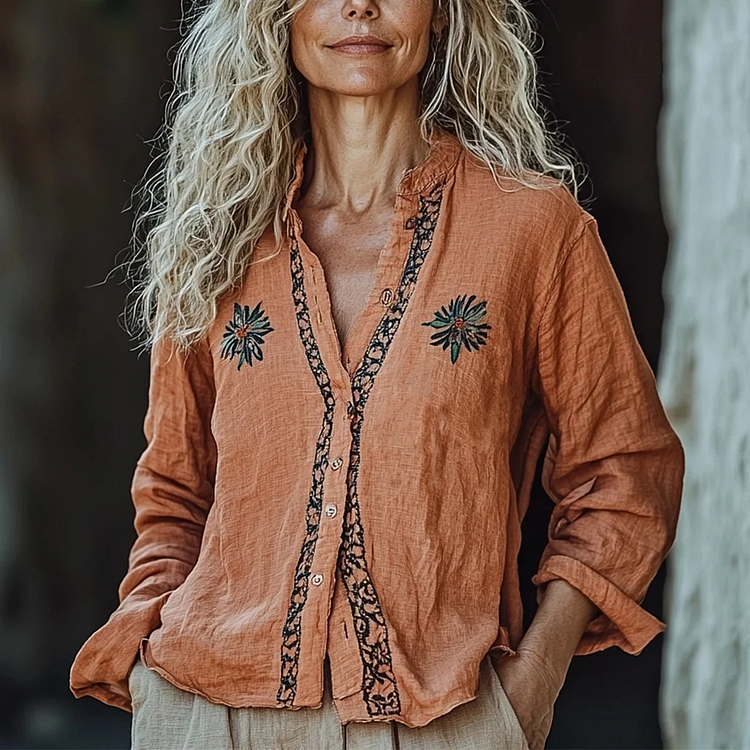 Lunivibe Bohemian Linen Floral Art Print Long Sleeve Loose Shirt