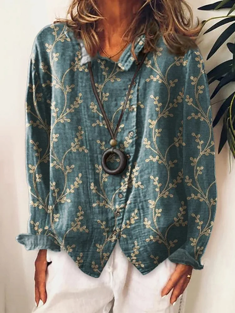 Women's Flower Art Print Cotton & Linen Casual Long Shirt