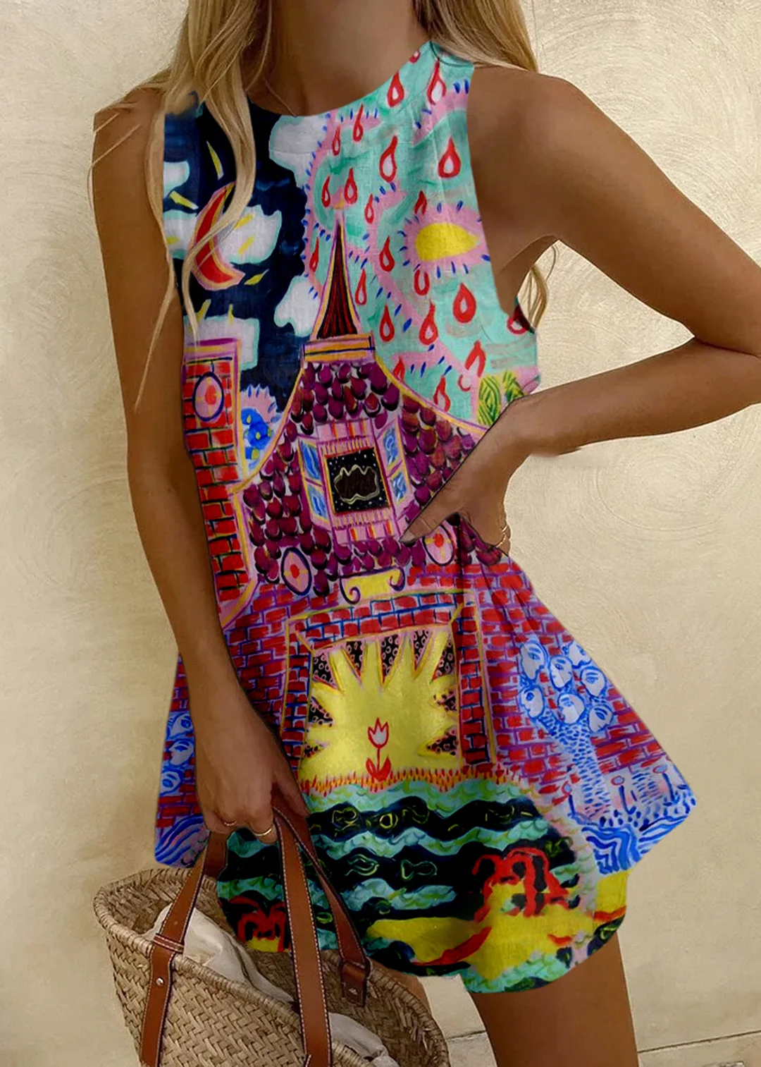 Vintage Printed Sleeveless Mini Dress