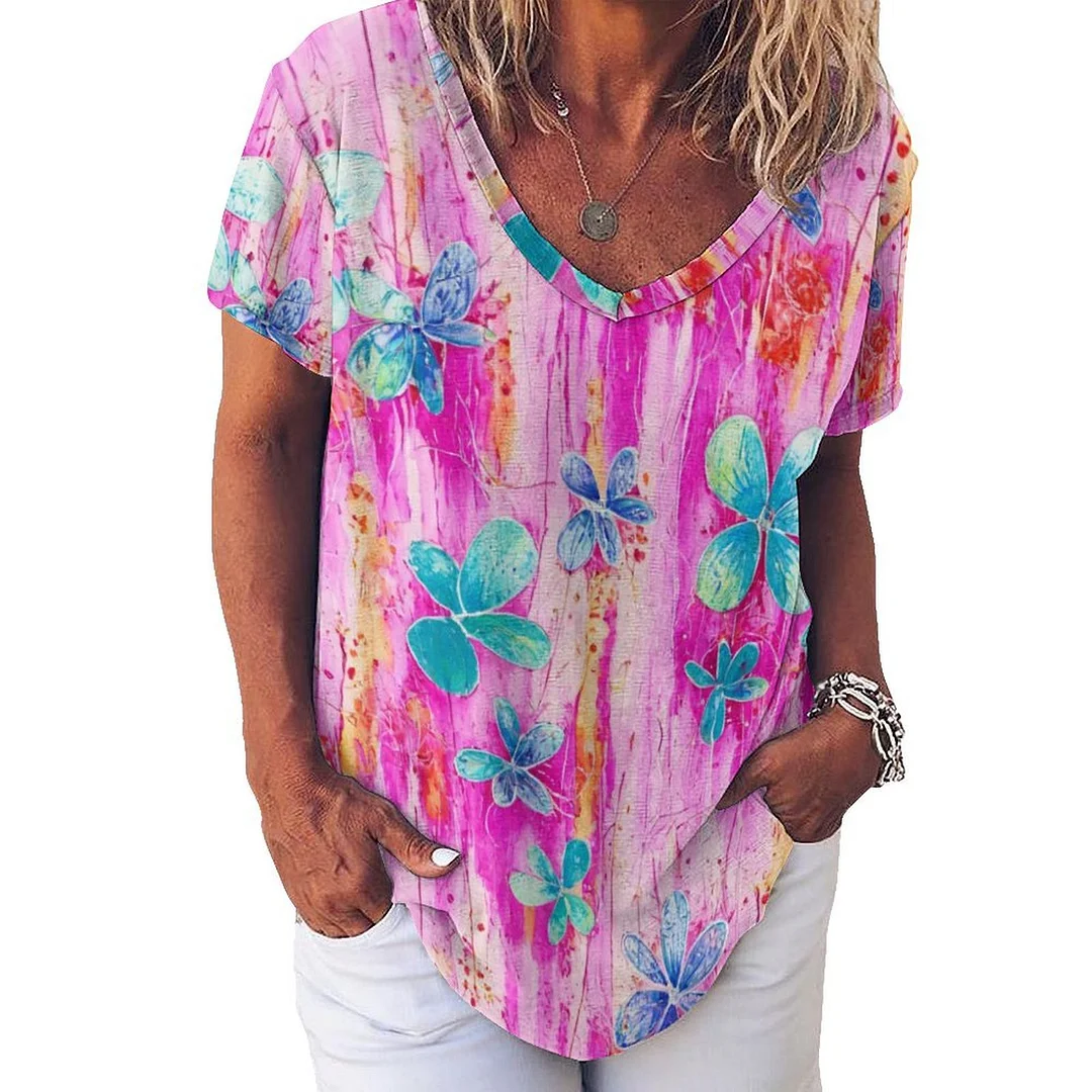 V-neck Short Sleeve Casual T-shirt for  Women Printed with Pattern Pink, Floral, Ink