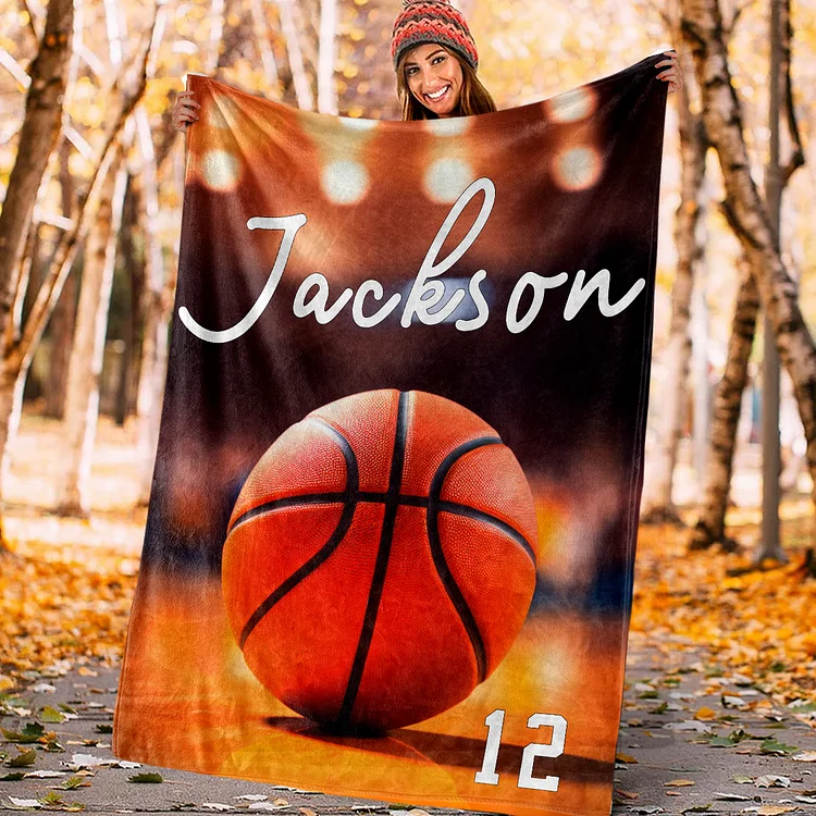 Personalized Basketball Blanket, Sport Theme Blanket with Number and Name Birthday Team Gift for Athletes Sport Lovers | BKKid734