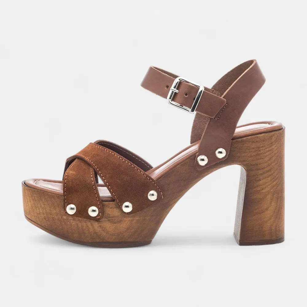 Brown Vegan Leather Open-Toe Studded Strappy Platform Heel Sandals