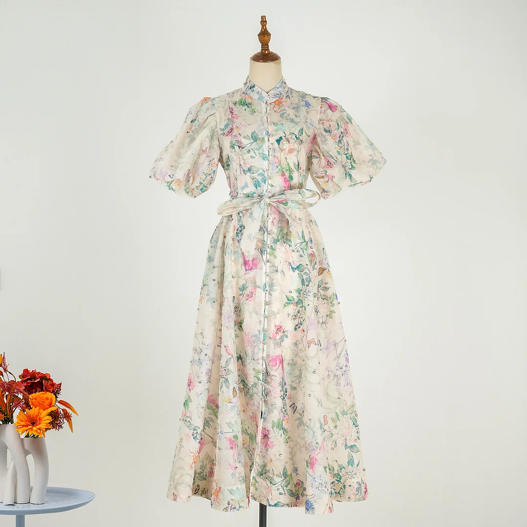 Nigikala Nigikala Court Style High Design Feeling Heavy Industry Nail Drill Short Sleeve Single Buckle Dress + Sling