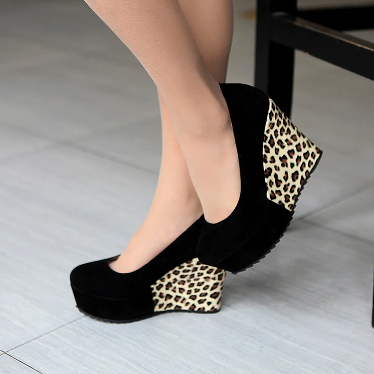 Black Leopard Print Wedge Pumps Vdcoo