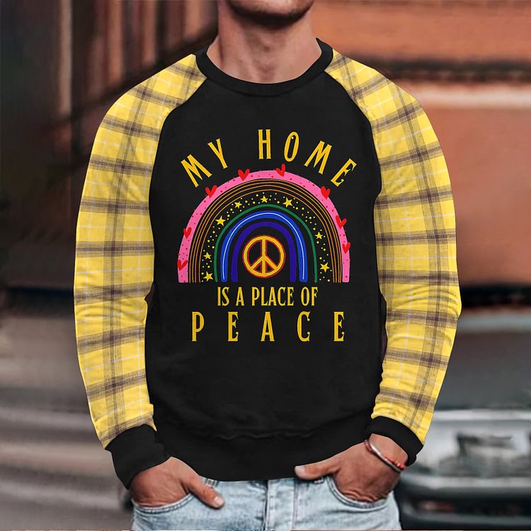 BrosWear Round Neck Love Peace Plaid Stitching Sweatshirt