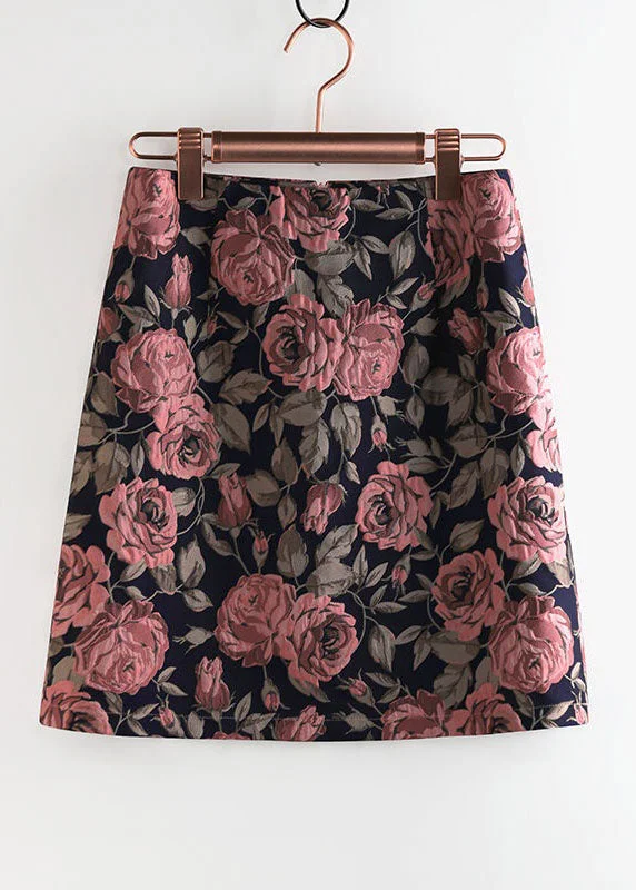 Chic Rose Zip Up Jacquard Patchwork Cotton Skirts Spring