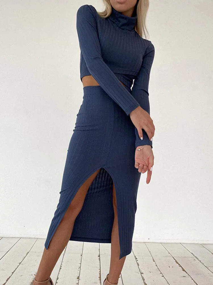 WannaThis 2 Piece Sets Womens outfits Winter Long Sleeve Turtleneck Crop Top And Women Midi Black Skirt Split Sexy Casual 2022