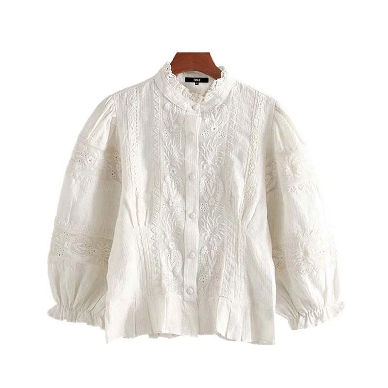 TRAF Women Vintage Sweet Hollow Out Embroidery Blouses Fashion Ruffled Collar Three Quarter Sleeve Female Shirts Blusa Chic Tops