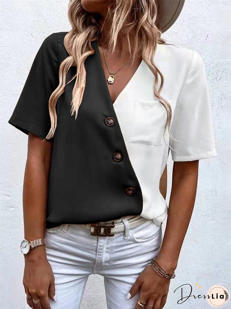 V-neck Chiffon Fashion Contrast Color Short-sleeved Shirt Top