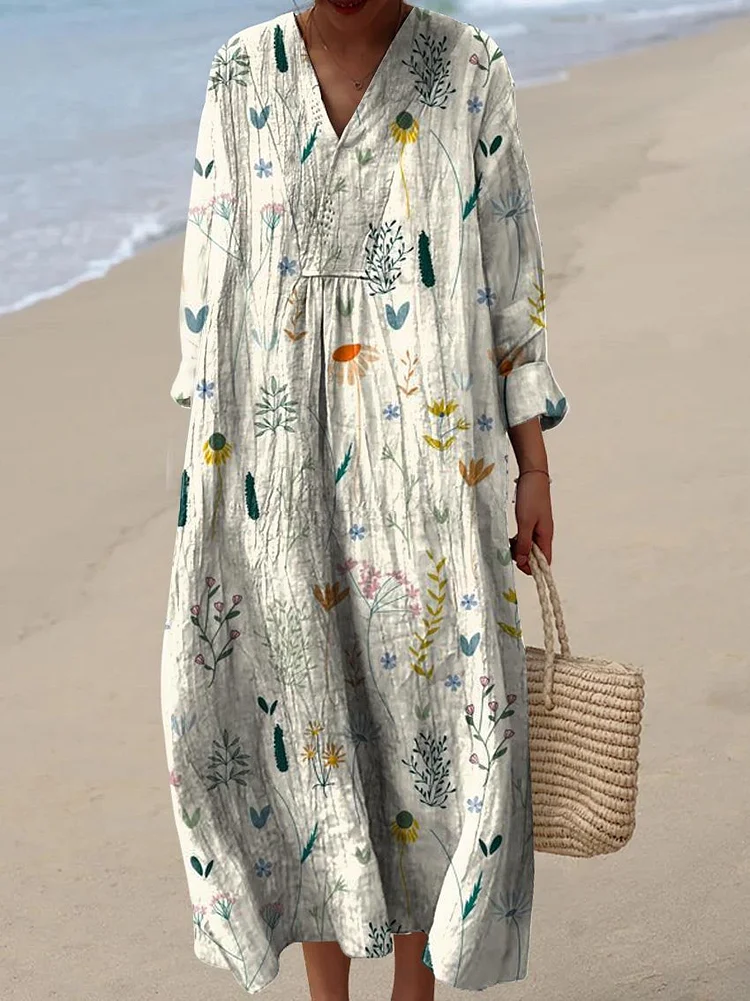 Women's Vintage Lovely Floral Art Print Flowy Dress