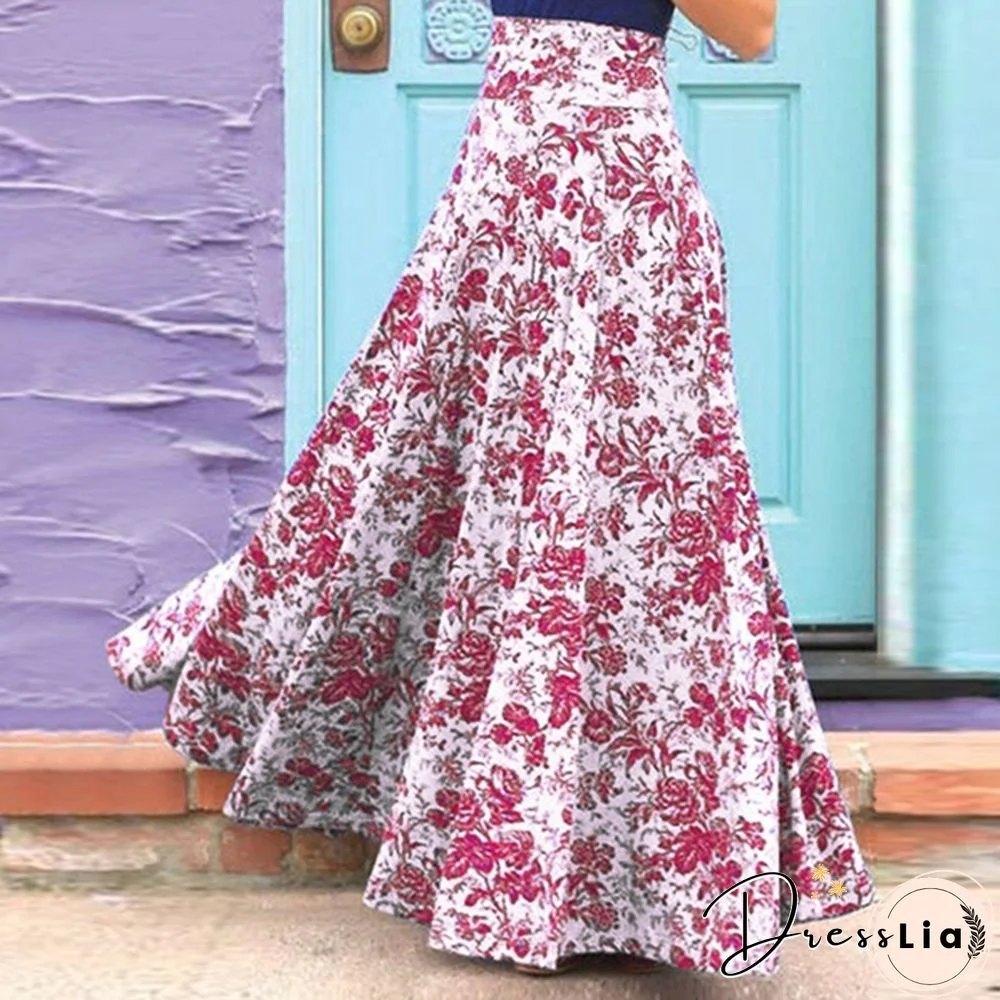 Womens A Line Skirts Summer Floral Printed Casual Loose High Waist Dress