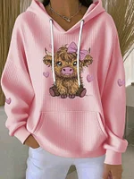 Women's Cute Heart Highland Cow Print Long Sleeve Casual Hoodie