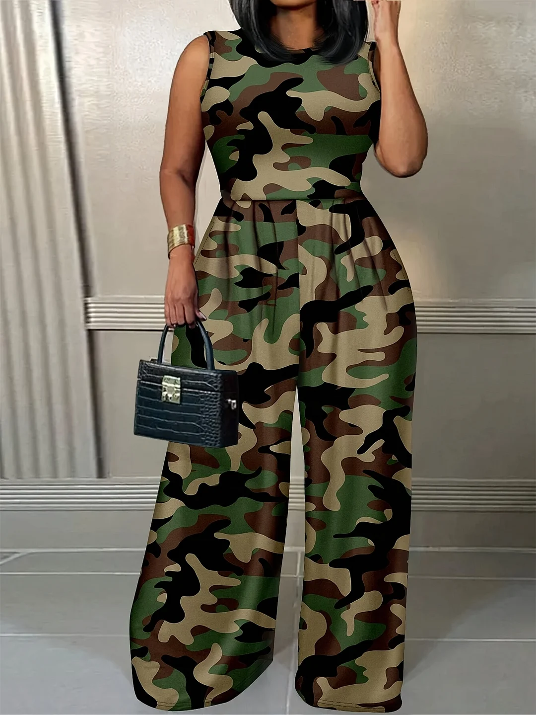 Plus Size, Women's Plus-Size Camouflage Print Sleeveless Jumpsuit - Casual Summer & Christmas Outfit, Stretchy Camo Romper With Zipper Closure, Machine Washable Long Length For Lounge, Parties & Outdoor, Camouflage Dress, Party Outfit | IFYHOME