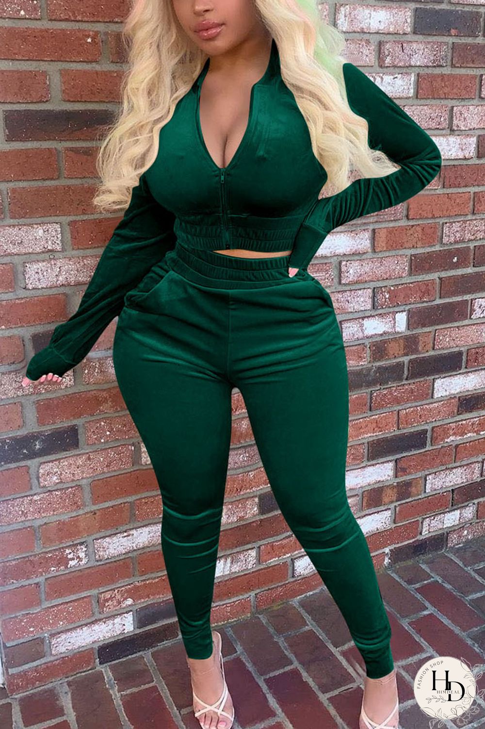 Black Green Street Pleuche Solid V Neck Long Sleeve Regular Sleeve Regular Two Pieces