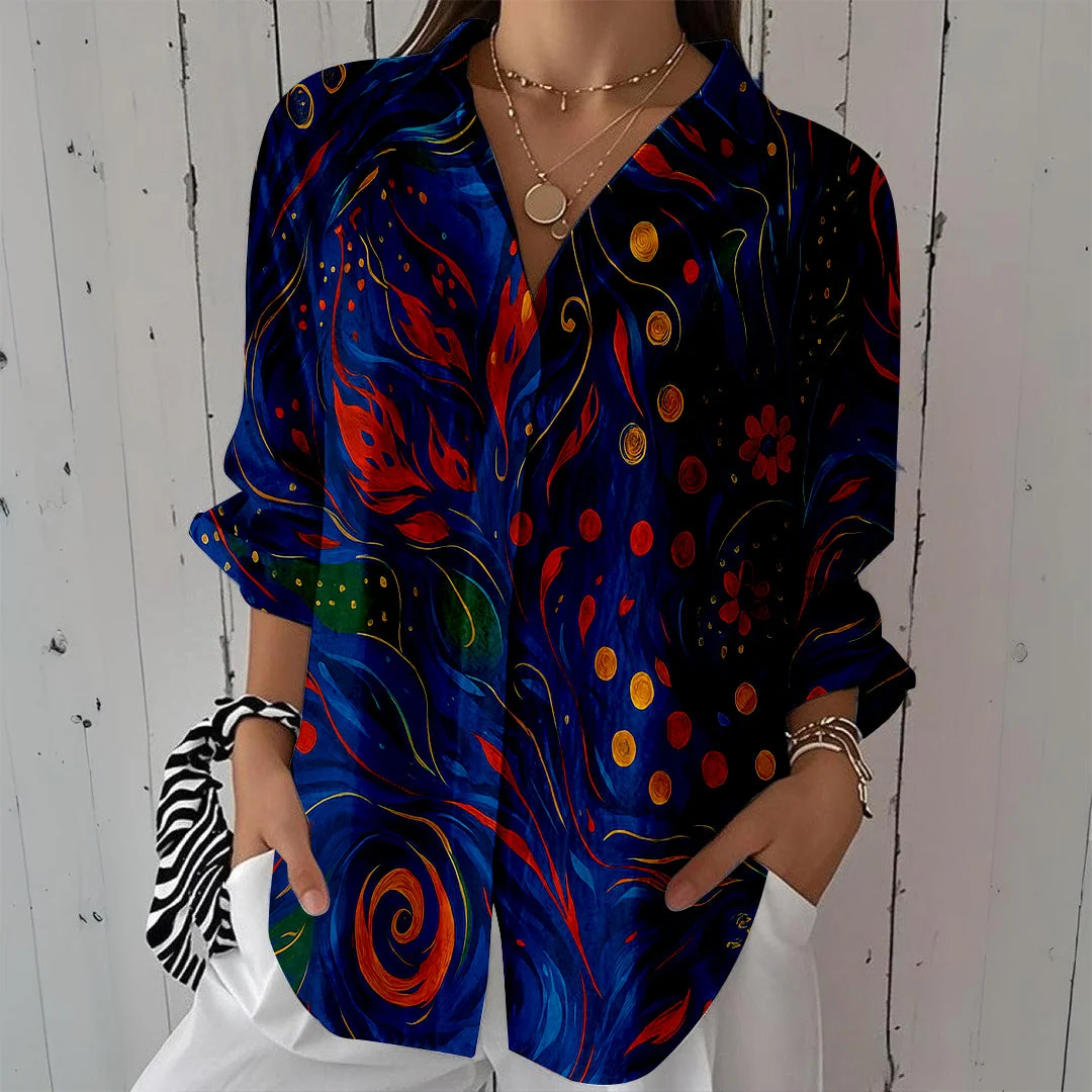 Style & Comfort for Mature Women Women Abstract, Blue, Red DZCL0361 3/4 Sleeve Shirt Collar Printed Button Tops