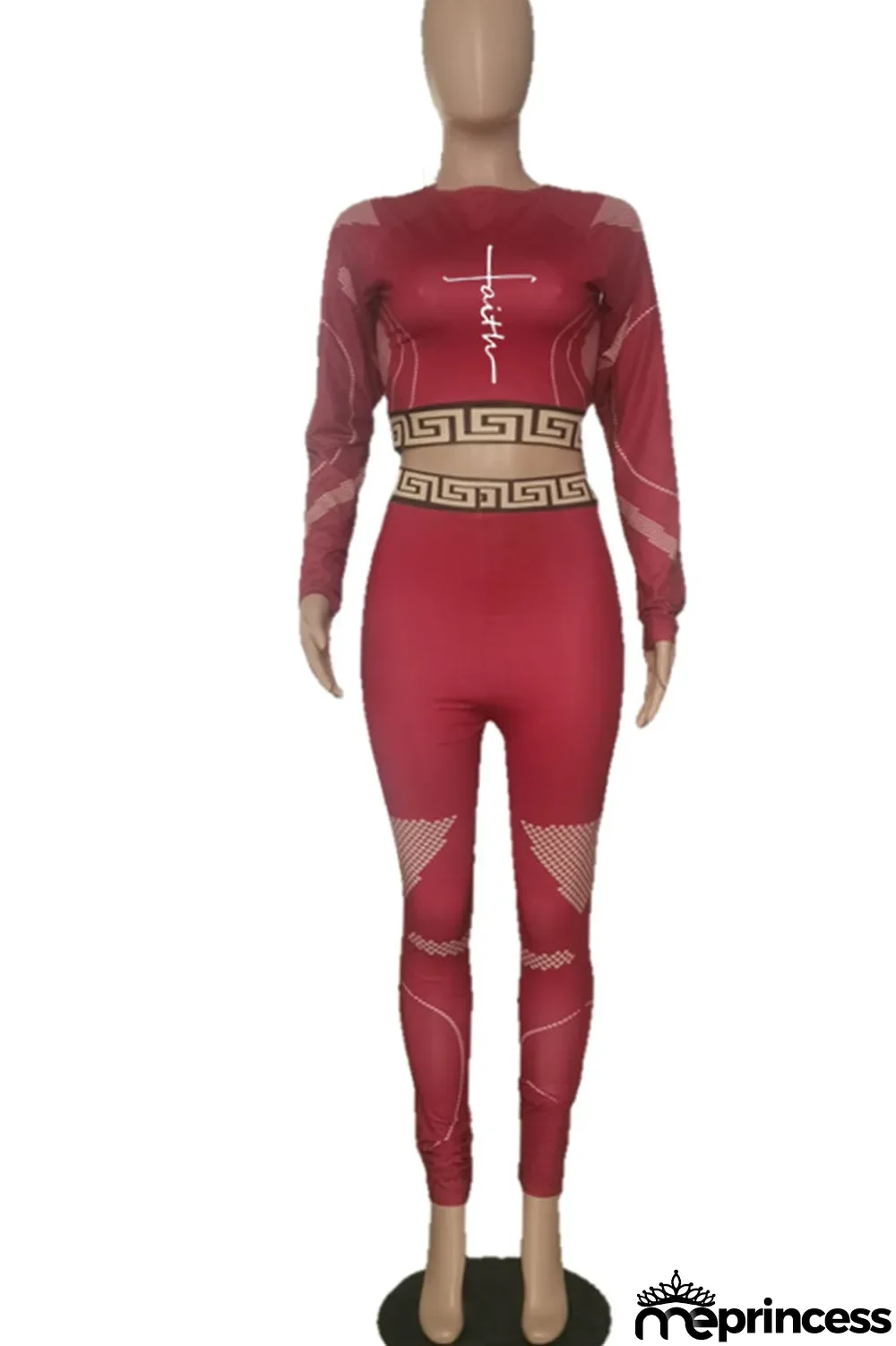 Burgundy Casual Print Split Joint O Neck Long Sleeve Two Pieces