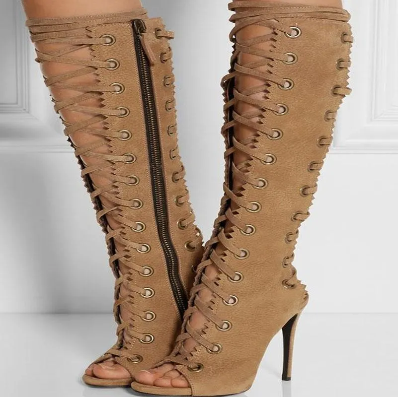 VCSHOES Brown Peep Toe Lace Up knee High Boots