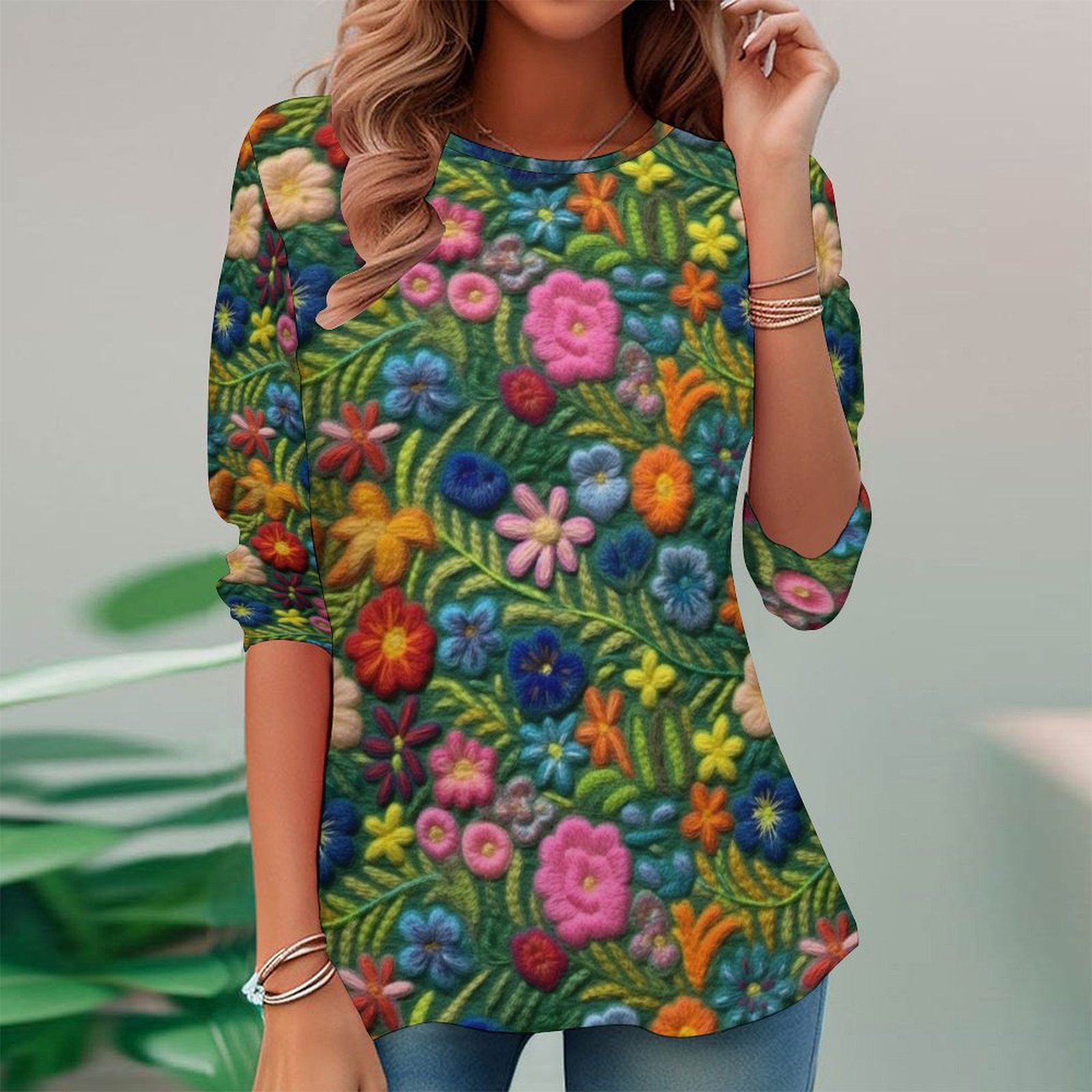 Women Long Sleeve V-neck Graphic Floral Printed Top