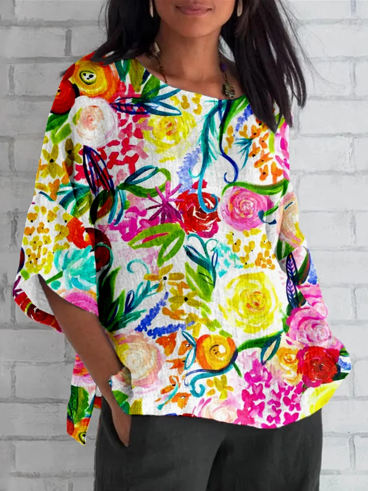 Comstylish Colorful Flowers Pattern Linen Blend Cozy Shirt