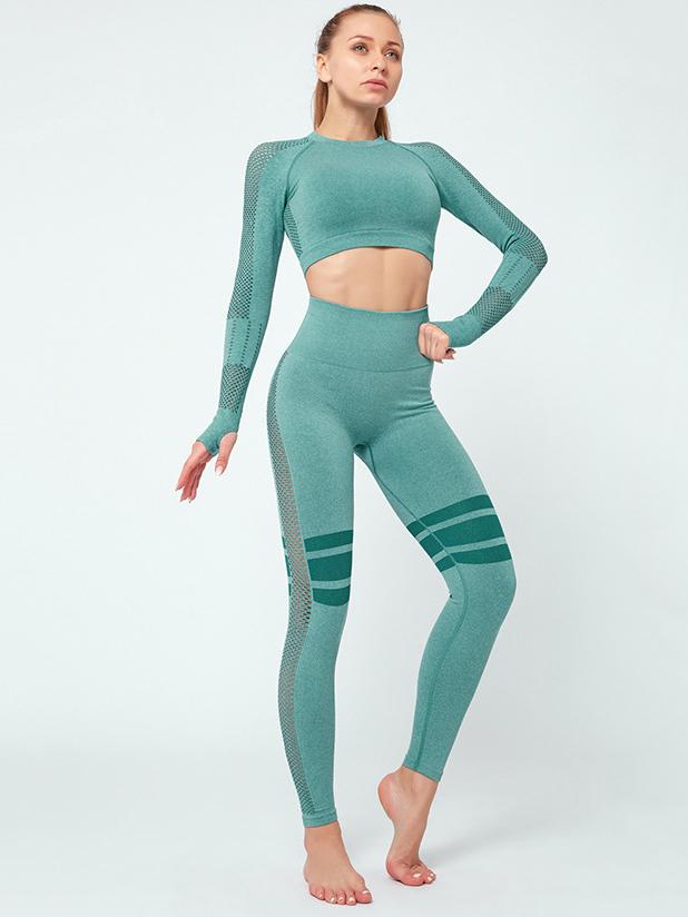 Mesh Hollow Striped Bare Midriff Yoga Suits