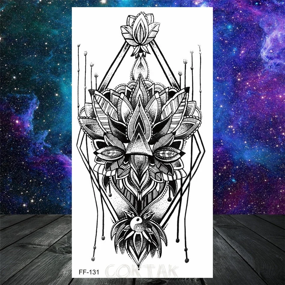 Owl Moth Jewelry Temporary Tattoo For Women Men Mandala Henna Flower Tattoo Mehndi Fake Pendants Geometric Tatoo Chest Back Lace