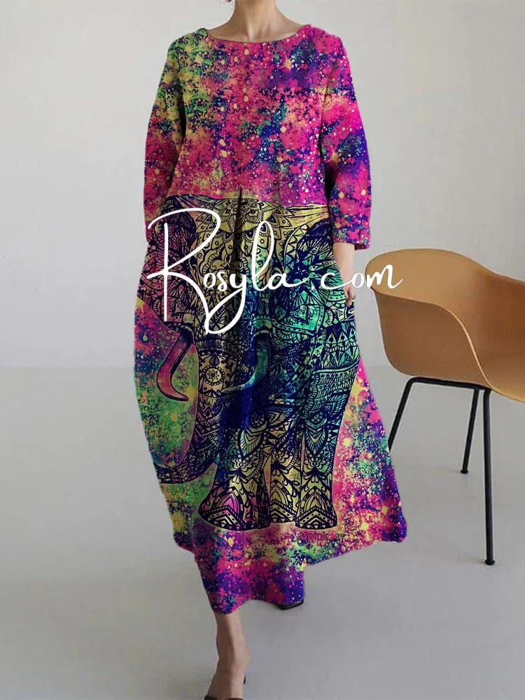 Women's Casual Colorful Elephant Print Long Sleeve Midi Dress