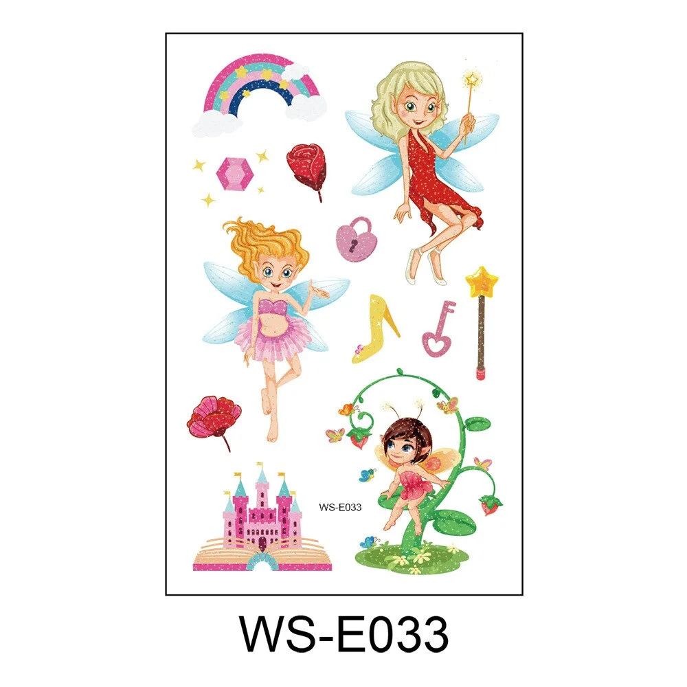 10 Kinds Glitter Powder Fairy Tattoos Butterfly Rainbow Castle Flowers Temporary Body Stickers Disposable Children Party Makeup