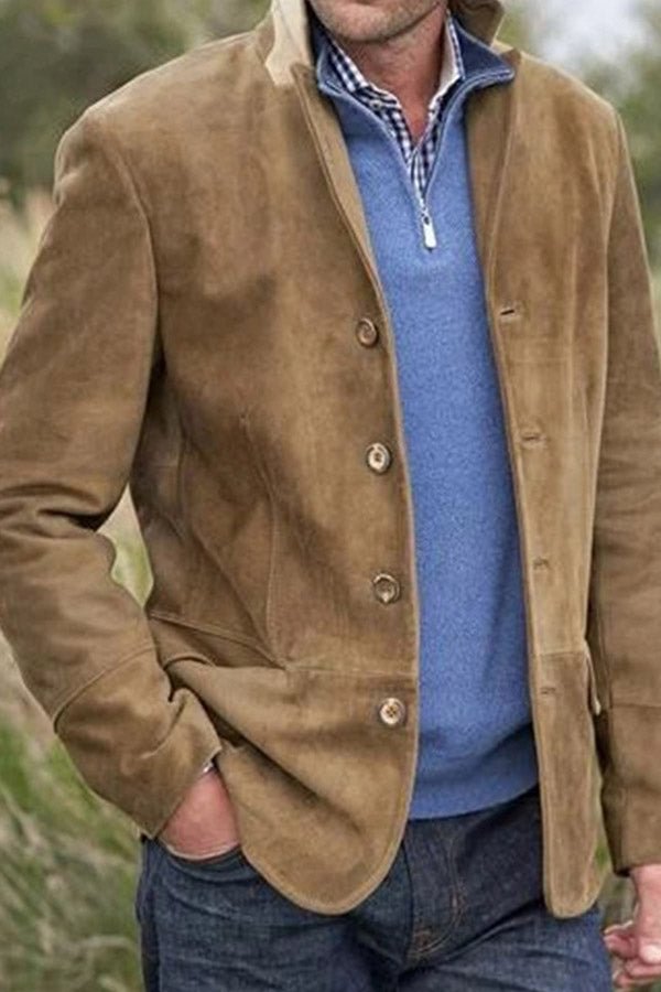 Men's Casual Workwear Vintage Solid Color Long Sleeve Polyester Jacket