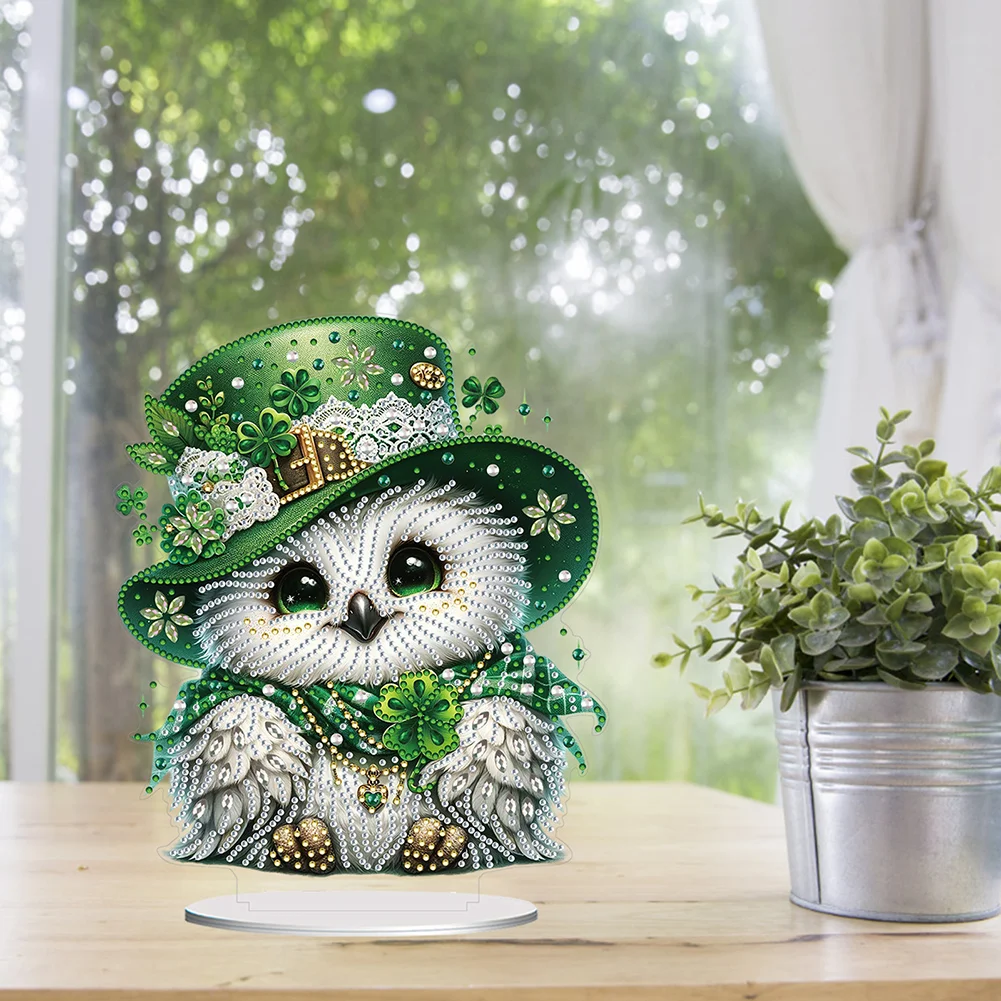 DIY Acrylic St. Patricks Day Owl Special Shape Diamond Painting Tabletop Ornament Creative Home Decor & Gift Idea for Adults - Relaxing Craft Activity