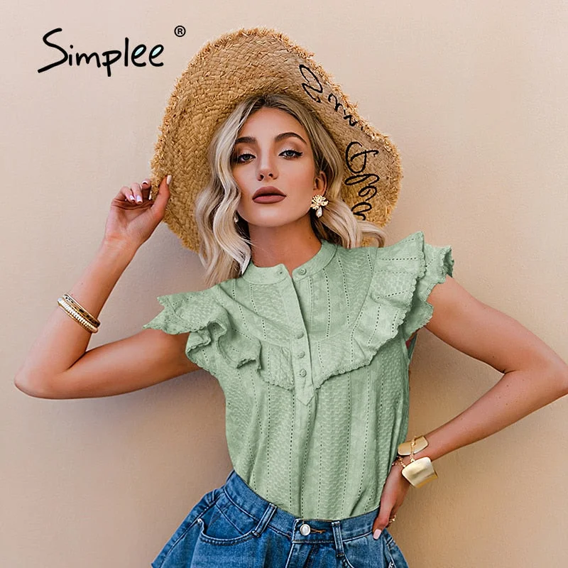 Simplee Elegant casual solid ruffled lace women blouse spring Embroidery button band collar shirt female fashion summer top lady