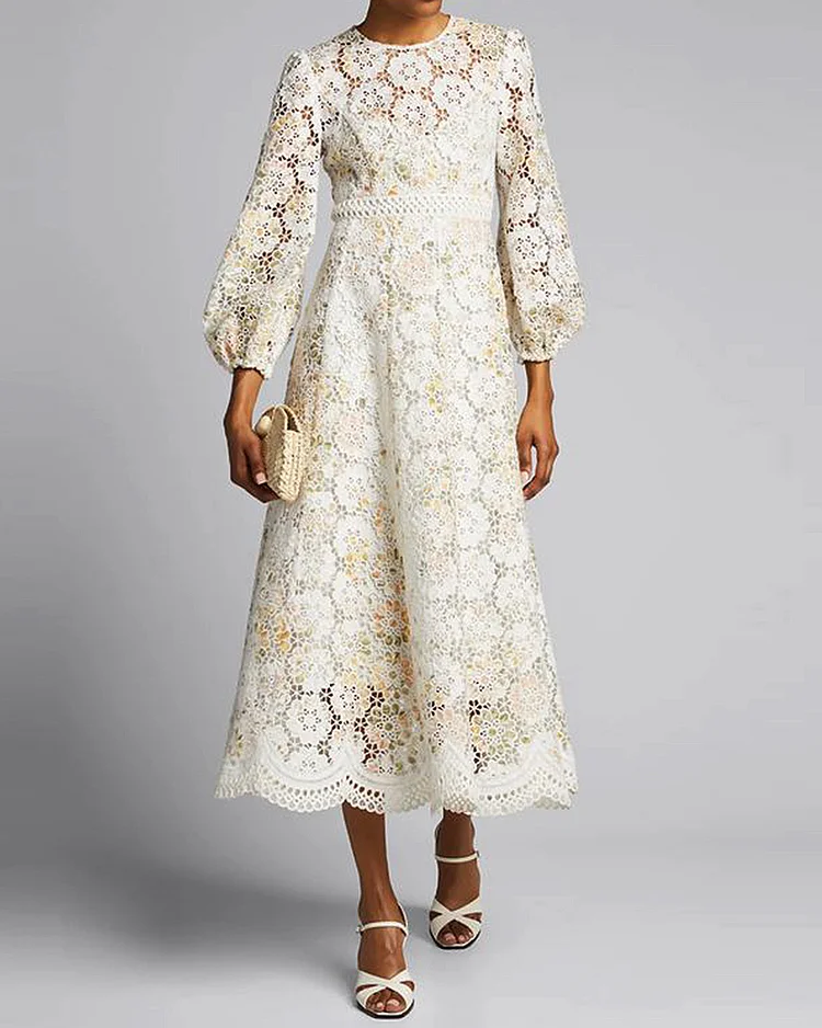 Ladies puff sleeve lace midi dress