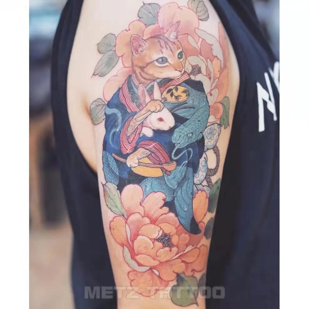 Tatoo Waterproof Cat Japanese Cute Pet Arm Semi Permanent Tattoo Cat Animal Funny Tattoo Sticker Temporary Tattoos for Men Women