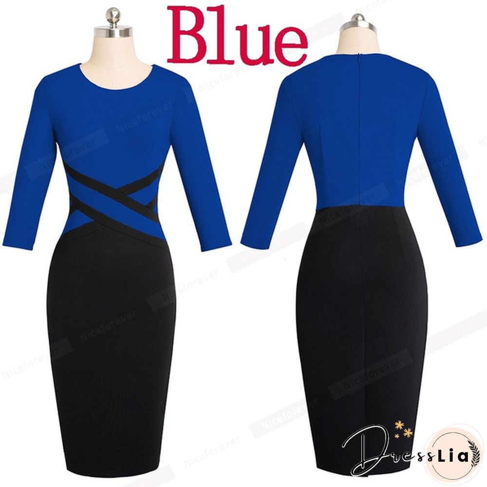 New Ladies Vintage Elegant Contrast Color Patchwork Wear To Work Vestidos Business Party Office Women Bodycon Dress