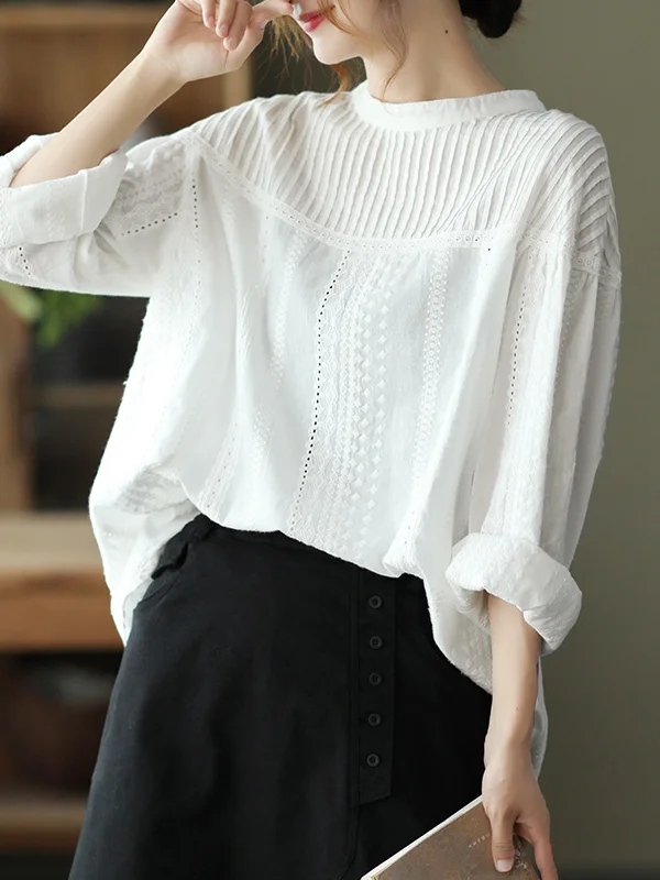 Artistic Retro Loose Solid Color Lace Hollow Long Sleeves T-Shirt Top