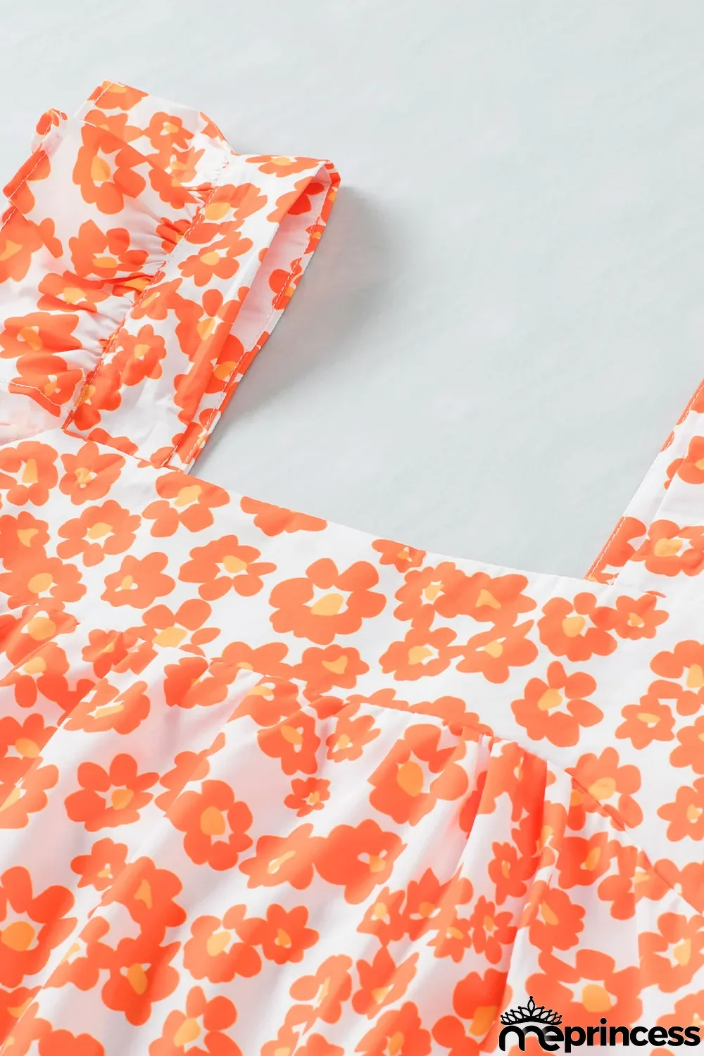 Orange Floral Print Square Neck Ruffle Tank Top