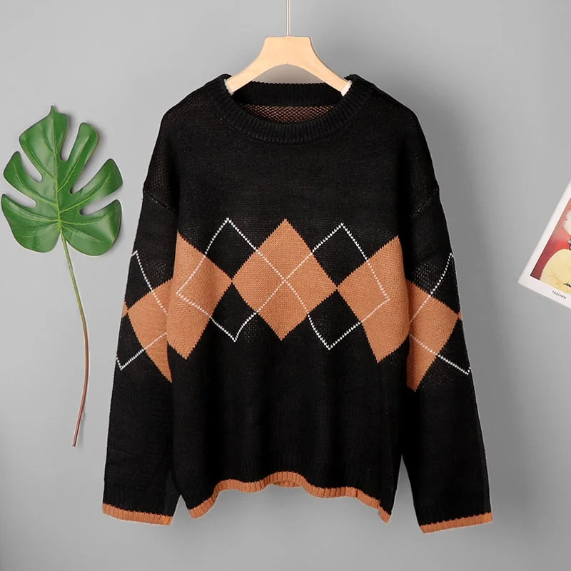 Women Argyle Sweaters Autumn Winter Pullovers Long Sleeve O-Neck Loose Knitted Korean Tops Casual Vintage Jumper Sueter Mujer