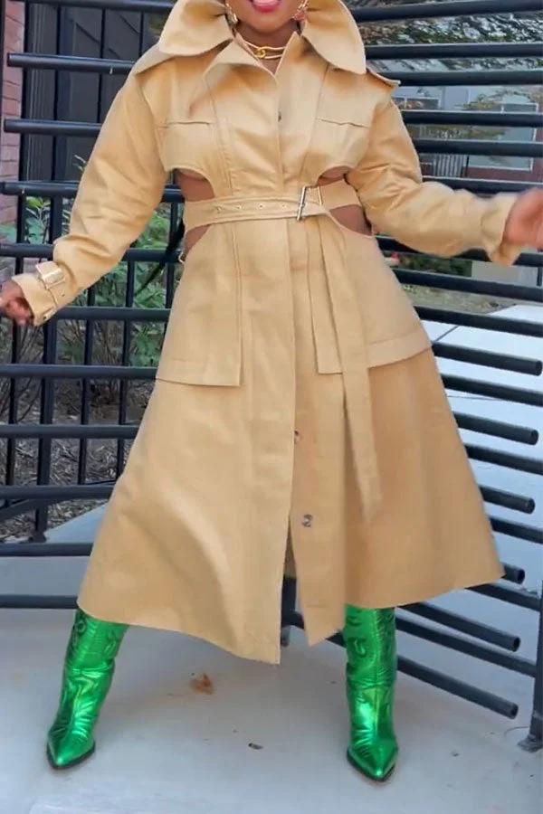 Solid Color Striking Belted Cutout Irregular Trench Coat