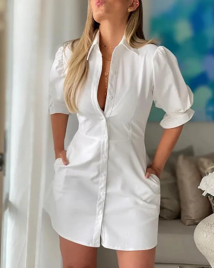 Women's Summer Shirt Dress Lapel Single Breasted High Waist White Dress