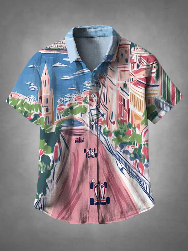 Men's Racing Car City Scenery Art Print Short Sleeve Shirt