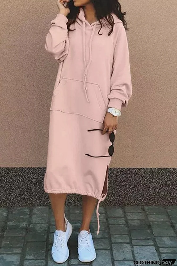 Casual Solid Patchwork Hooded Collar Long Sleeve Dresses