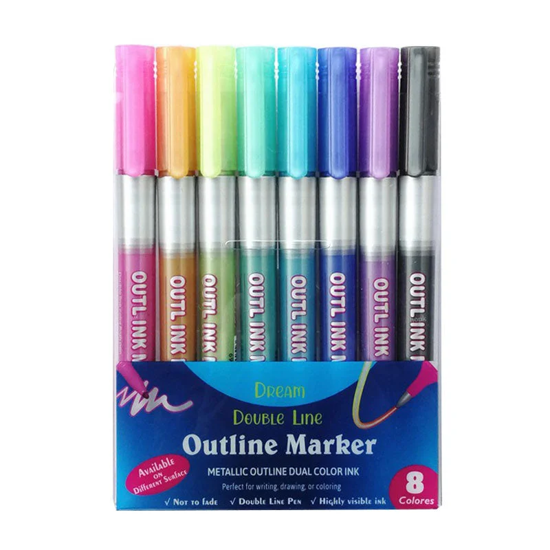 12 Color Metal Paint Marker Pen set Double Line Pen Outline Marker Glitter for Drawing Painting Doodling School Supplies