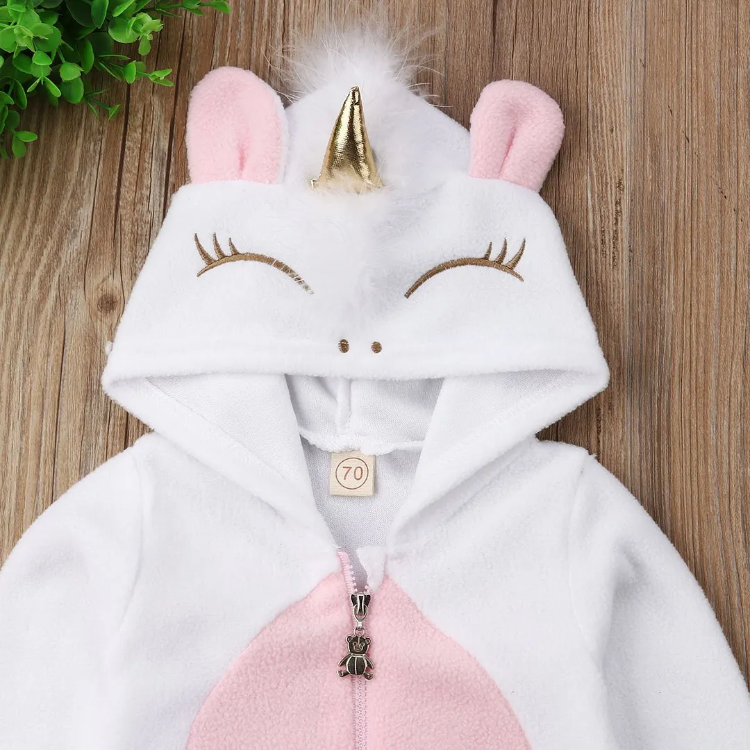 2019 Brand New Newborn Infant Baby Girl Boy Unicorn Romper Wings Hooded Longsleeve Zipper Cartoon Jumpsuit Autumn Winter Clothes