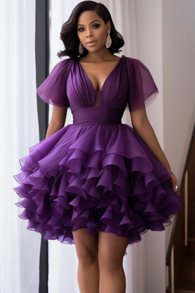 Xpluswear Design Plus Size Cocktail Party Purple Elegant Short Sleeve Bubble Ruffle Tulle Mini Dresses [Pre-Order] 2024 - Xpluswear