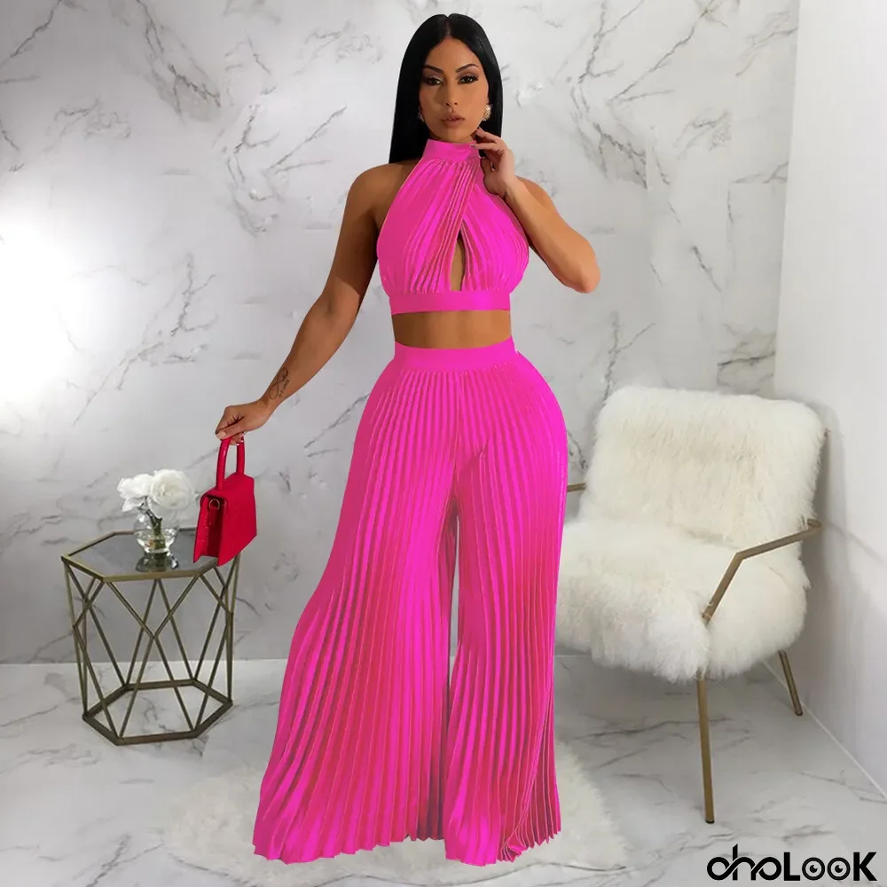 Solid Halter Crop Tops And Wide Leg Pant 2 Piece Set