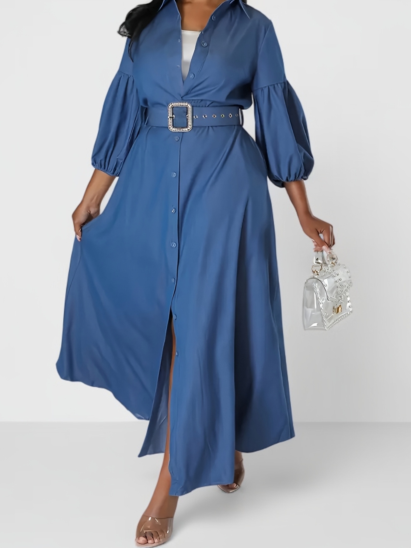 1pc Vintage Style Women's Long Sleeve Faux Denim Shirt Dress With Front Split And Belt Detail - Casual Loose Fit, Solid Color, Non-Stretch Fabric, Spring/Summer/Autumn Collection | IFYHOME