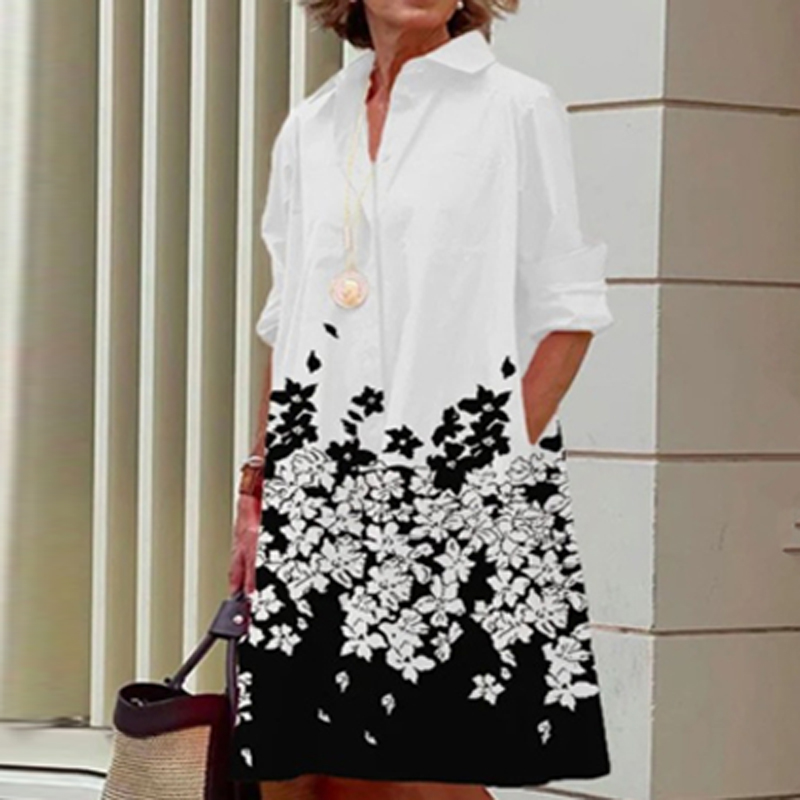 Gamezstake Elegant Turn-down Collar Women Shirts Dress Spring Polka Dot Print Office Party Dress Autumn Long Sleeve Pocket Pullover Dresses